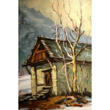 QUADRO OLIO TELA M. Mangiarini PAESAGGIO MONTANO Baite a Cadarese NEVE PREMIA