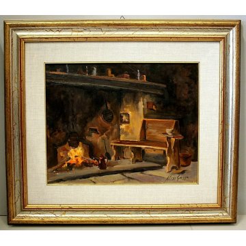 ANTICO QUADRO DIPINTO OLIO A. Giozza Vecchia Cucina INTERNO BAITA FOCOLARE 1973
