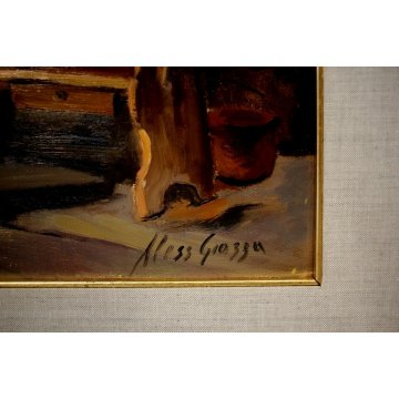 ANTICO QUADRO DIPINTO OLIO A. Giozza Vecchia Cucina INTERNO BAITA FOCOLARE 1973