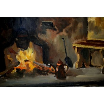 ANTICO QUADRO DIPINTO OLIO A. Giozza Vecchia Cucina INTERNO BAITA FOCOLARE 1973