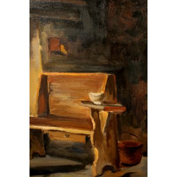ANTICO QUADRO DIPINTO OLIO A. Giozza Vecchia Cucina INTERNO BAITA FOCOLARE 1973