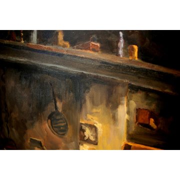ANTICO QUADRO DIPINTO OLIO A. Giozza Vecchia Cucina INTERNO BAITA FOCOLARE 1973