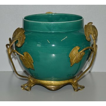 RARO CACHEPOT VERDE S.C.I. Laveno SPERTINI Art Nouveau BRONZO DORATO epoca 1900