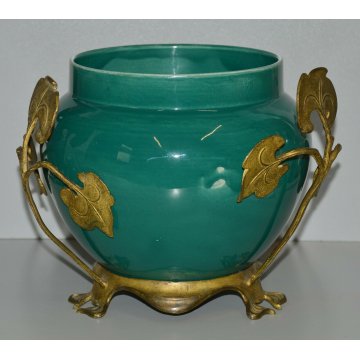 RARO CACHEPOT VERDE S.C.I. Laveno SPERTINI Art Nouveau BRONZO DORATO epoca 1900
