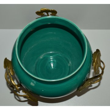 RARO CACHEPOT VERDE S.C.I. Laveno SPERTINI Art Nouveau BRONZO DORATO epoca 1900