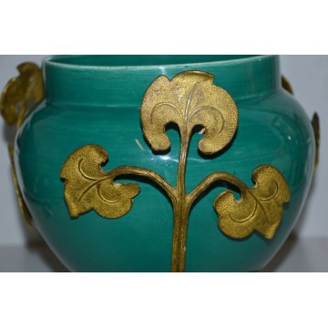 RARO CACHEPOT VERDE S.C.I. Laveno SPERTINI Art Nouveau BRONZO DORATO epoca 1900