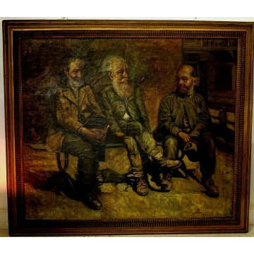 ANTICO GRANDE DIPINTO OLIO 3 PERSONAGGI UOMINI PANCHINA STRADA CORNICE GUILLOCHE