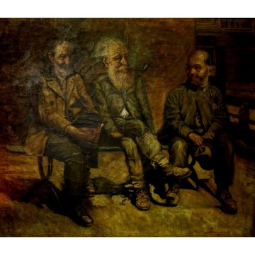 ANTICO GRANDE DIPINTO OLIO 3 PERSONAGGI UOMINI PANCHINA STRADA CORNICE GUILLOCHE