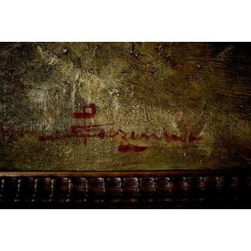 ANTICO GRANDE DIPINTO OLIO 3 PERSONAGGI UOMINI PANCHINA STRADA CORNICE GUILLOCHE