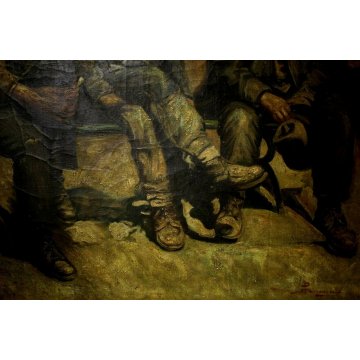 ANTICO GRANDE DIPINTO OLIO 3 PERSONAGGI UOMINI PANCHINA STRADA CORNICE GUILLOCHE