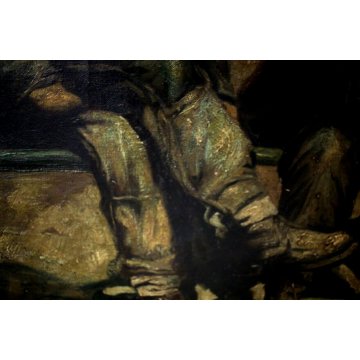 ANTICO GRANDE DIPINTO OLIO 3 PERSONAGGI UOMINI PANCHINA STRADA CORNICE GUILLOCHE