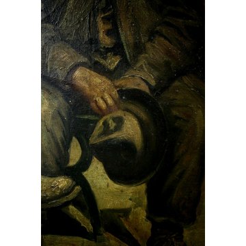 ANTICO GRANDE DIPINTO OLIO 3 PERSONAGGI UOMINI PANCHINA STRADA CORNICE GUILLOCHE