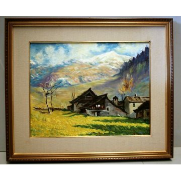 QUADRO OLIO TELA Mangiarini PAESAGGIO MONTANO Baite in Val Vigezzo MONTAGNA NEVE