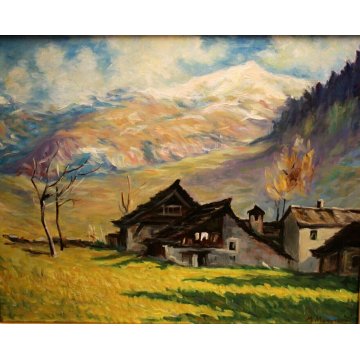 QUADRO OLIO TELA Mangiarini PAESAGGIO MONTANO Baite in Val Vigezzo MONTAGNA NEVE