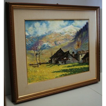 QUADRO OLIO TELA Mangiarini PAESAGGIO MONTANO Baite in Val Vigezzo MONTAGNA NEVE
