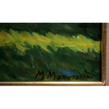 QUADRO OLIO TELA Mangiarini PAESAGGIO MONTANO Baite in Val Vigezzo MONTAGNA NEVE