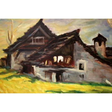 QUADRO OLIO TELA Mangiarini PAESAGGIO MONTANO Baite in Val Vigezzo MONTAGNA NEVE