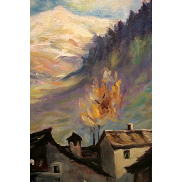 QUADRO OLIO TELA Mangiarini PAESAGGIO MONTANO Baite in Val Vigezzo MONTAGNA NEVE