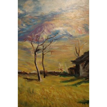 QUADRO OLIO TELA Mangiarini PAESAGGIO MONTANO Baite in Val Vigezzo MONTAGNA NEVE
