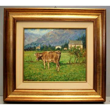 QUADRO OLIO M. Mangiarini PAESAGGIO MONTANO VALLE VIGEZZO Pascolo a Masera MUCCA