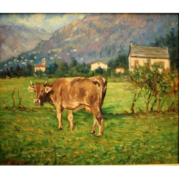 QUADRO OLIO M. Mangiarini PAESAGGIO MONTANO VALLE VIGEZZO Pascolo a Masera MUCCA
