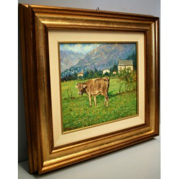 QUADRO OLIO M. Mangiarini PAESAGGIO MONTANO VALLE VIGEZZO Pascolo a Masera MUCCA