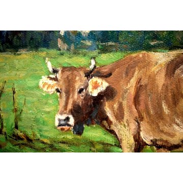 QUADRO OLIO M. Mangiarini PAESAGGIO MONTANO VALLE VIGEZZO Pascolo a Masera MUCCA