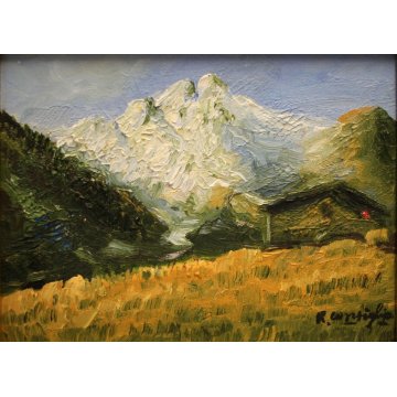 QUADRO OLIO R. Consiglio PAESAGGIO MONTANO BAITA MONTAGNE PINETE ALPI ALPEGGIO