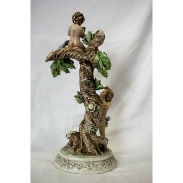 SCULTURA TUTTOTONDO PORCELLANA POLICROMA PUTTI MUSICANTI CAPODIMONTE '50 NAPOLI