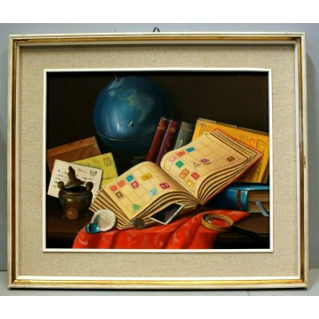 ANTICO QUADRO DIPINTO OLIO Adriano Gajoni NATURA MORTA GLOBO FRANCOBOLLI LENTE