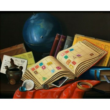 ANTICO QUADRO DIPINTO OLIO Adriano Gajoni NATURA MORTA GLOBO FRANCOBOLLI LENTE