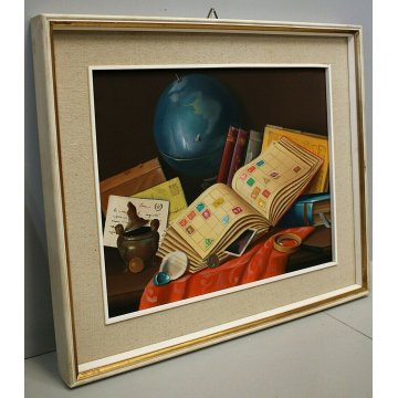 ANTICO QUADRO DIPINTO OLIO Adriano Gajoni NATURA MORTA GLOBO FRANCOBOLLI LENTE