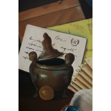 ANTICO QUADRO DIPINTO OLIO Adriano Gajoni NATURA MORTA GLOBO FRANCOBOLLI LENTE