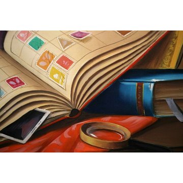 ANTICO QUADRO DIPINTO OLIO Adriano Gajoni NATURA MORTA GLOBO FRANCOBOLLI LENTE