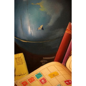 ANTICO QUADRO DIPINTO OLIO Adriano Gajoni NATURA MORTA GLOBO FRANCOBOLLI LENTE