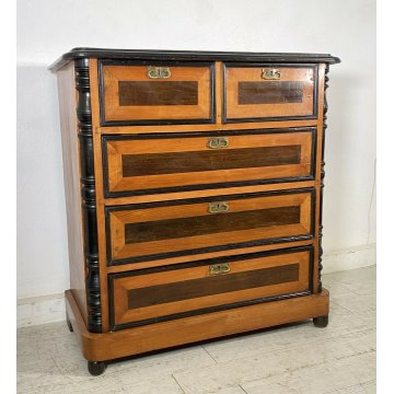 ANTICO COMÒ CASSETTONE BIEDERMEIER NOCE MASSELLO 5 CASSETTI 1800 LASTRONATO OLD