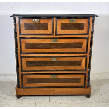 ANTICO COMÒ CASSETTONE BIEDERMEIER NOCE MASSELLO 5 CASSETTI 1800 LASTRONATO OLD