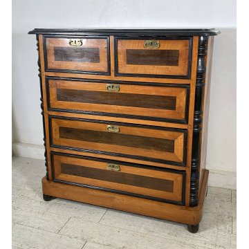 ANTICO COMÒ CASSETTONE BIEDERMEIER NOCE MASSELLO 5 CASSETTI 1800 LASTRONATO OLD