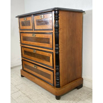 ANTICO COMÒ CASSETTONE BIEDERMEIER NOCE MASSELLO 5 CASSETTI 1800 LASTRONATO OLD