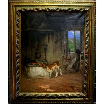 ANTICO GRANDE QUADRO D. Someda OLIO TELA DONNA FOCOLARE LANA GATTO CANE CACCIA