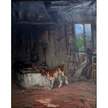 ANTICO GRANDE QUADRO D. Someda OLIO TELA DONNA FOCOLARE LANA GATTO CANE CACCIA