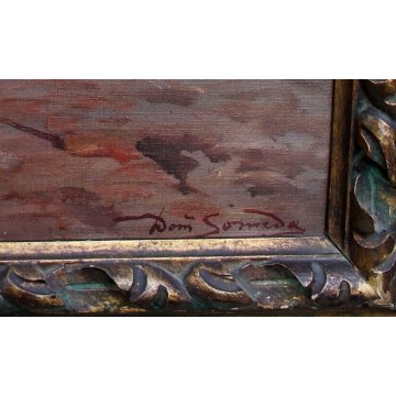 ANTICO GRANDE QUADRO D. Someda OLIO TELA DONNA FOCOLARE LANA GATTO CANE CACCIA