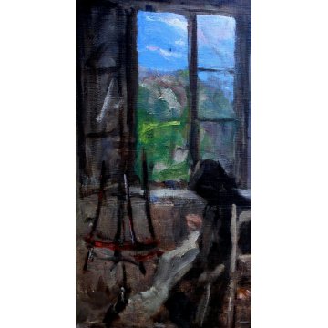 ANTICO GRANDE QUADRO D. Someda OLIO TELA DONNA FOCOLARE LANA GATTO CANE CACCIA