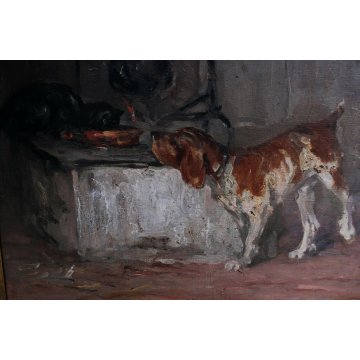 ANTICO GRANDE QUADRO D. Someda OLIO TELA DONNA FOCOLARE LANA GATTO CANE CACCIA