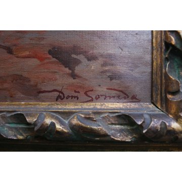 ANTICO GRANDE QUADRO D. Someda OLIO TELA DONNA FOCOLARE LANA GATTO CANE CACCIA