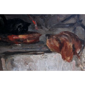 ANTICO GRANDE QUADRO D. Someda OLIO TELA DONNA FOCOLARE LANA GATTO CANE CACCIA