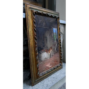 ANTICO GRANDE QUADRO D. Someda OLIO TELA DONNA FOCOLARE LANA GATTO CANE CACCIA