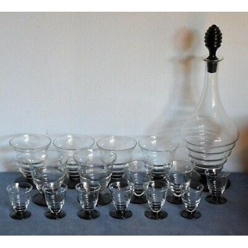 SERVIZIO LIQUORE 15 BICCHIERI BOTTIGLIA VETRO MURANO DESIGN MARTINUZZI 1920-30  