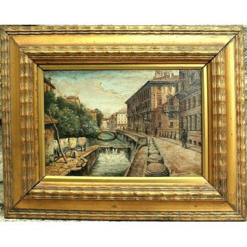 ANTICO QUADRO OLIO TAVOLA F. Carcano PAESAGGIO VEDUTA Naviglio CANALE fine '800