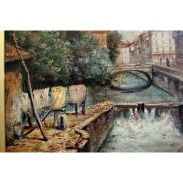 ANTICO QUADRO OLIO TAVOLA F. Carcano PAESAGGIO VEDUTA Naviglio CANALE fine '800